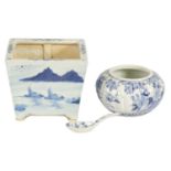 A 19th CENTURY CHINESE BLUE AND WHITE SQAURE TAPERING JARDINIERE