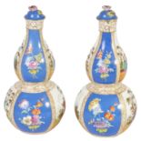 A PAIR OF LATE 19TH CENTURY DRESDEN TYPE AUGUSTUS REX TAPERING DOUBLE GOURD BOTTLE VASES AND COVERS