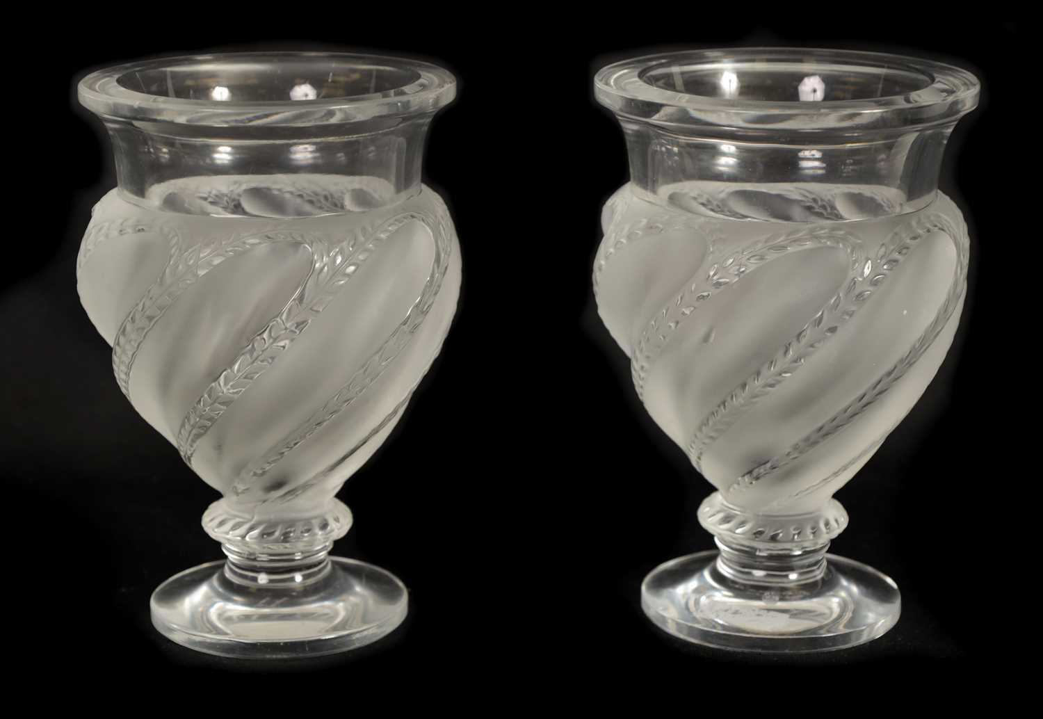 A PAIR OF LALIQUE FROSTED AND CLEAR GLASS “ERMENONVILLE” VASES