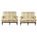 A PAIR GEORGE II STYLE TWO SEATER UPHOLSTERED MAHOGANY SETTEES