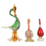 A GROUP OF THREE MURANO COLOURED GLASS BIRD SCULPTURES