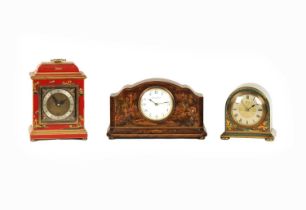 THREE EDWARDIAN LACQUERED CHINOISERIE DECORATED MANTEL CLOCKS