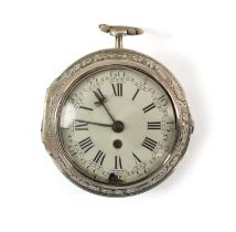 CHARLES CABRIER, LONDON. A RARE GEORGE II SILVER PAIR CASED VERGE POCKET WATCH WITH CALENDAR