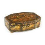 A REGENCY CHINOISERIE DECORATED LACQUERED SEWING BOX