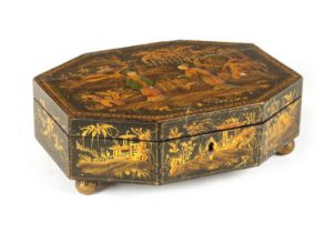 A REGENCY CHINOISERIE DECORATED LACQUERED SEWING BOX