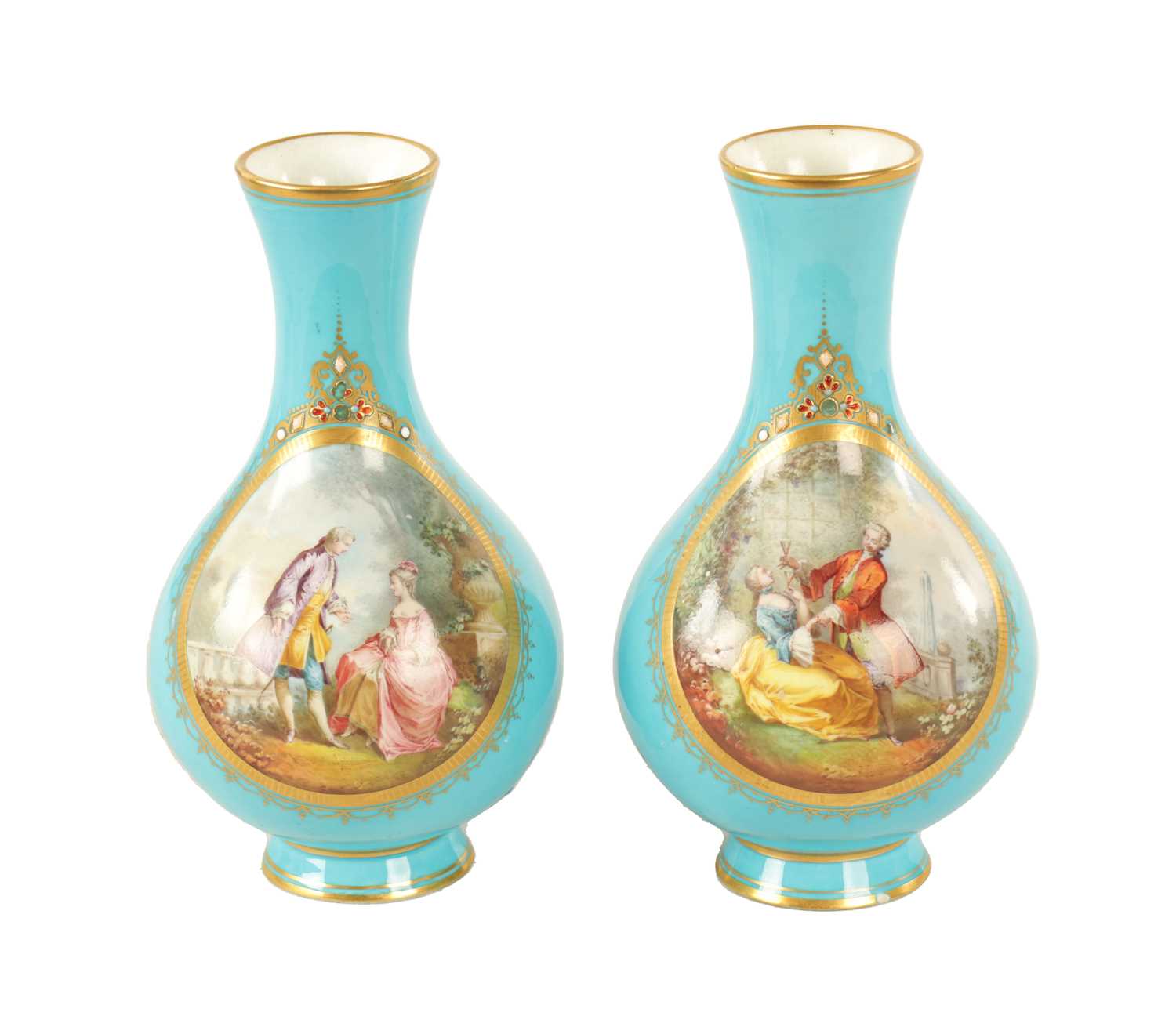 A PAIR OF 19TH CENTURY FRENCH SERVES PORCELAIN VASES