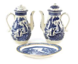 TWO SIMILAR 18TH-CENTURY BLUE AND WHITE WORCESTER TYPE COFFEE POTS AND COVERS