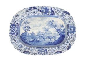 AN EARLY 19TH CENTURY BLUE AND WHITE DURHAM OX MEAT PLATE