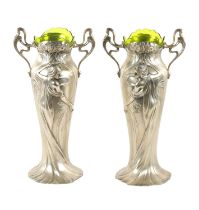 A STYLISH LARGE PAIR OF ART NOUVEAU WMF PEWTER VASES WITH GREEN GLASS LINERS