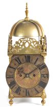 A LATE 19TH CENTURY DOUBLE FUSEE BRASS LANTERN CLOCK OF 17TH CENTURY DESIGN