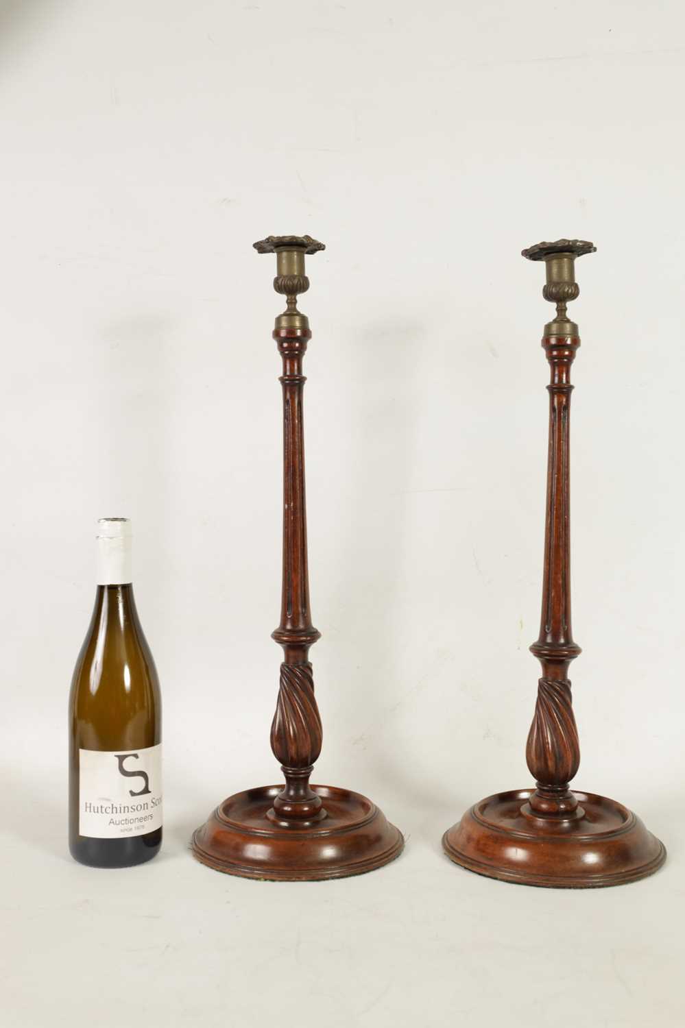 A LARGE PAIR OF LATE 19TH CENTURY TURNED MAHOGANY CANDLESTICKS - Image 2 of 6