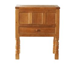 A ROBERT 'MOUSEMAN' THOMPSON JOINED ADZED LIGHT OAK SEWING BOX/SIDE CABINET