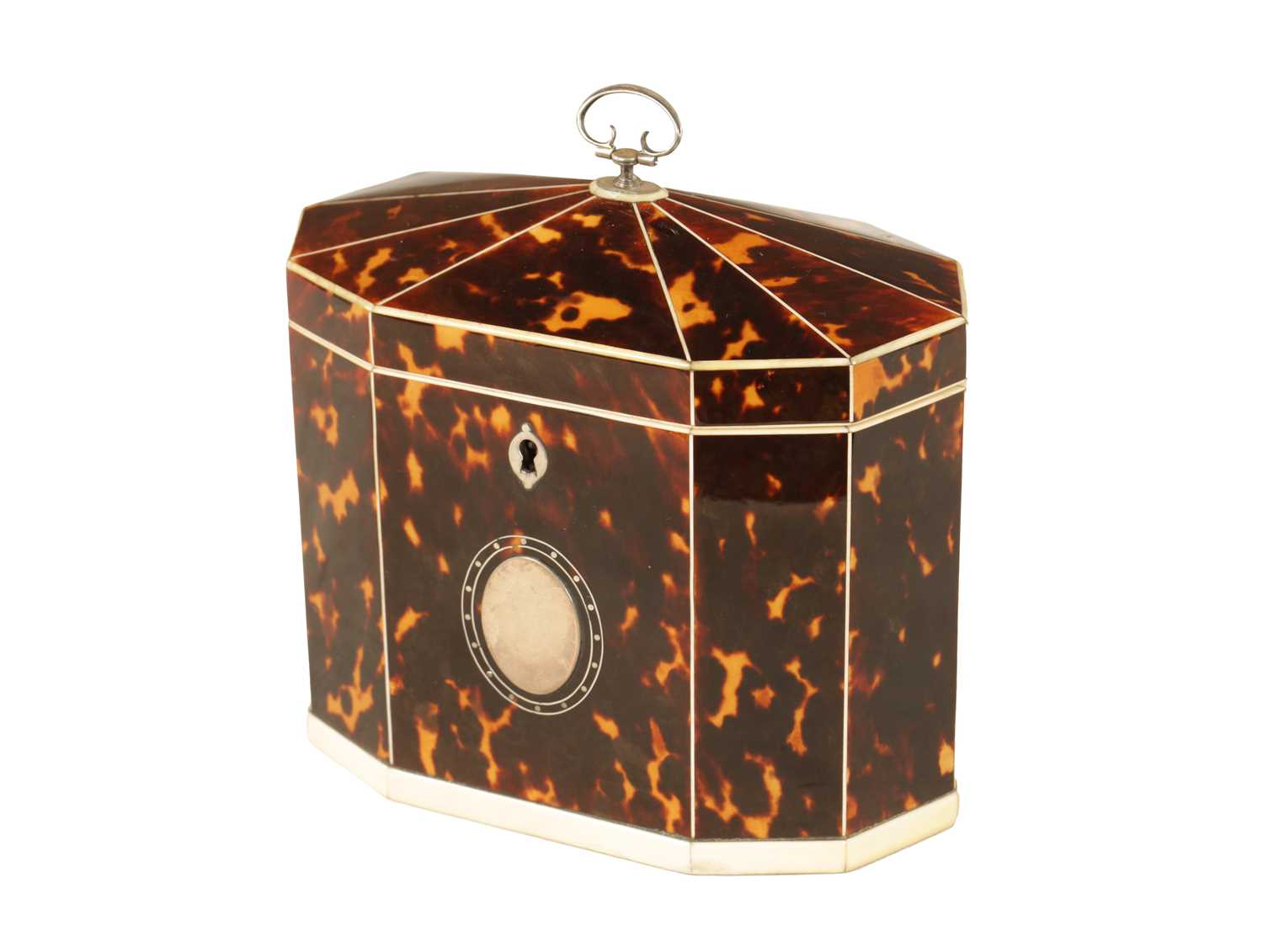 A FINE GEORGE III TORTOISHELL, IVORY AND SILVER MOUNTED TENT TOP TEA CADDY