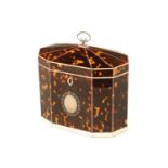A FINE GEORGE III TORTOISHELL, IVORY AND SILVER MOUNTED TENT TOP TEA CADDY