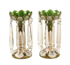 A GOOD PAIR OF 19TH-CENTURY BOHEMIAN WHITE OVERLAY AND GILT-DECORATED GREEN GLASS LUSTRES