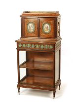 A FINE 19TH CENTURY FRENCH AMBOYNA AND TULIPWOOD CROSS-BANDED SERVES PANELLED DISPLAY CABINET