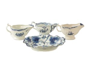 AN 18TH CENTURY FIRST PERIOD WORCESTER SAUCE BOAT, A 18TH CENTURY ISLEWORTH, AND ONE OTHER 18TH CENT