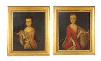 A PAIR OF EARLY 18TH CENTURY OIL ON CANVAS HALF-LENGTH PORTRAITS OF YOUNG LADIES