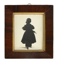 HUBARD GALLERY - MIDNIGHT 19TH CENTURY FULL LENGTH SILHOUETTE DRAWING ON CARD OF A YOUNG LADY IN A D