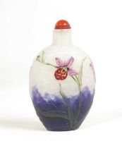 A DAUM NANCY ETCHED AND ENAMELLED SPIDER WEB AND ORCHID SNUFF BOTTLE