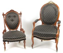 TWO 19TH CENTURY WALNUT AND BRASS MOUNTED UPHOLSTERED BEDROOM CHAIRS