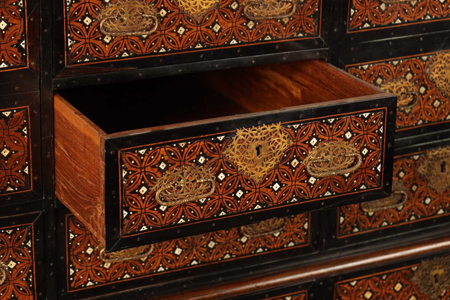 AN IMPORTANT LATE 17TH CENTURY INDO-PORTUGUESE IVORY INLAID PADOUCK AND EBONY COLLECTORS CABINET ON - Image 10 of 16