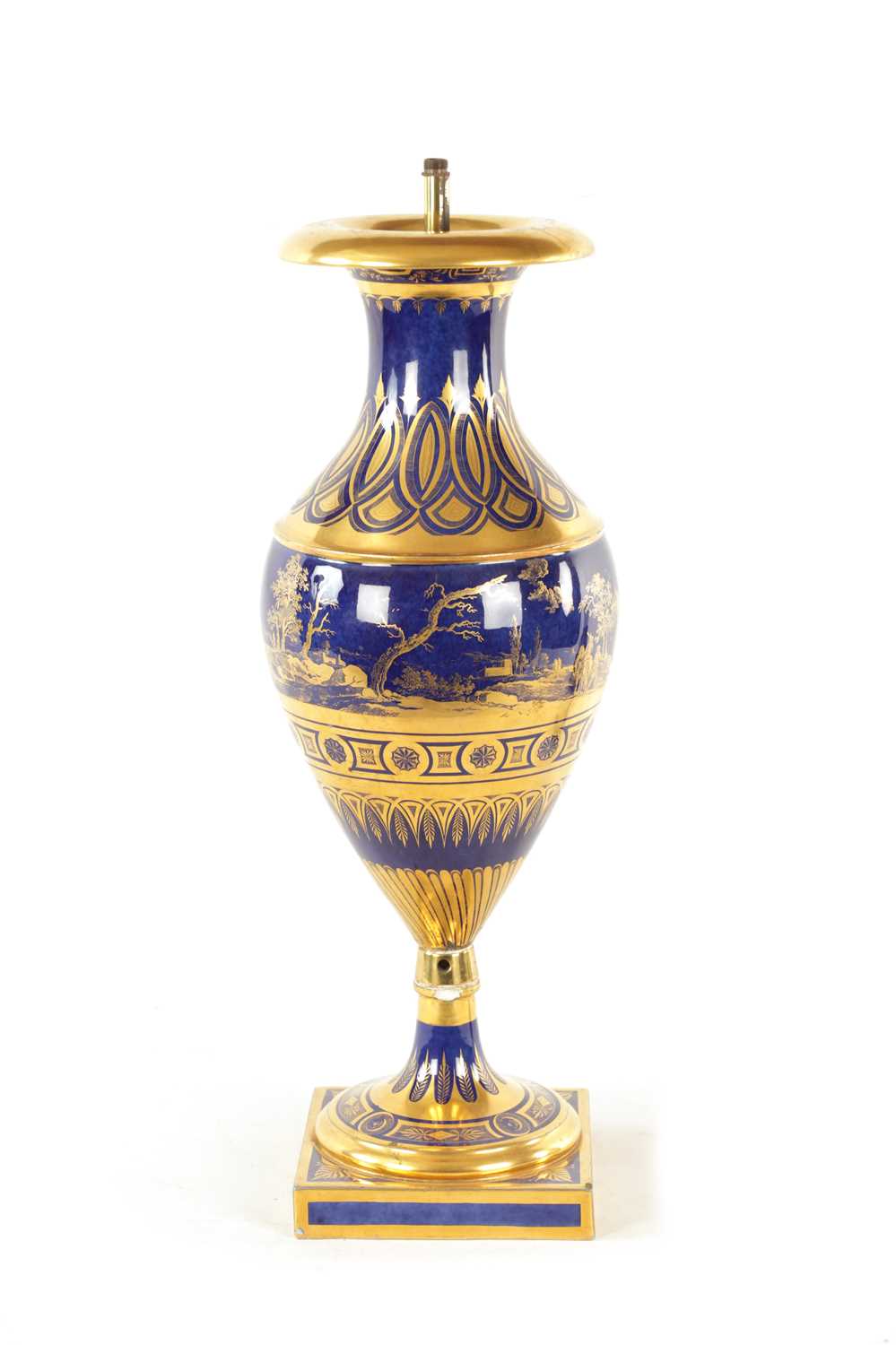 AN EARLY 19TH CENTURY FRENCH PARIS PORCELAIN ROYAL BLUE AND GILT URN SHAPED PEDESTAL VASE