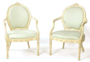 A PAIR OF FRENCH HEPPLEWHITE DESIGN PAINTED UPHOLSTERED ARMCHAIRS - ONE GEORGE III THE OTHER LATER