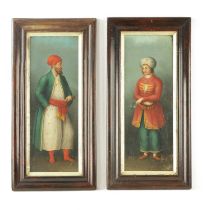 A PAIR OF 19TH CENTURY OIL ON TIN FULL LENGTH PORTRAITS OF AN EASTERN MAN AND LADY