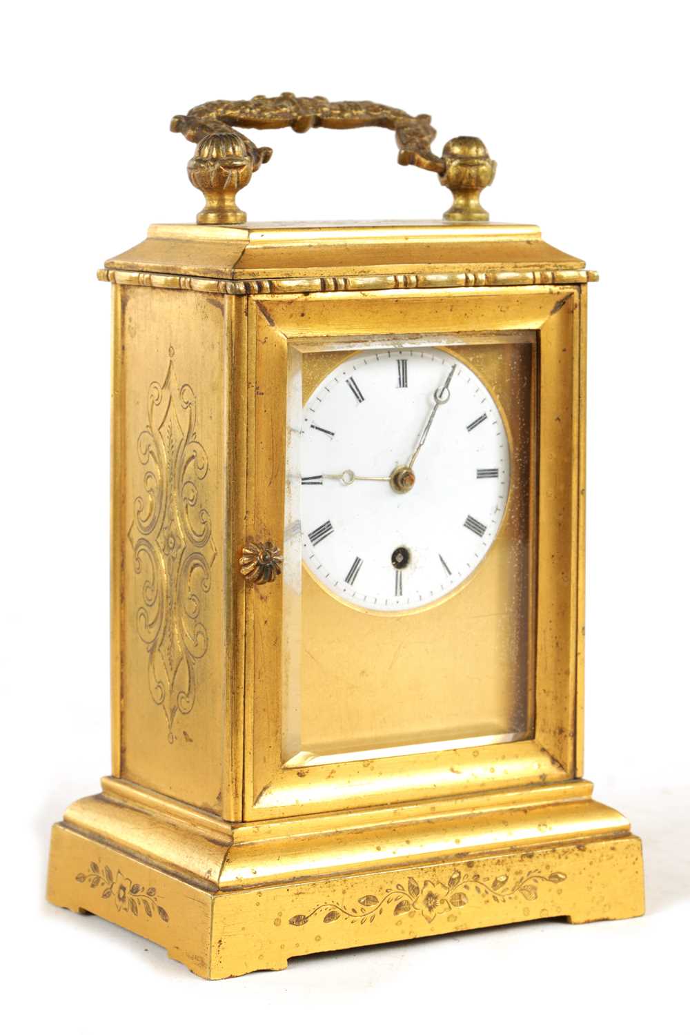 A MID 19TH CENTURY FRENCH GILT ENGRAVED CASED FUSEE CARRIAGE CLOCK