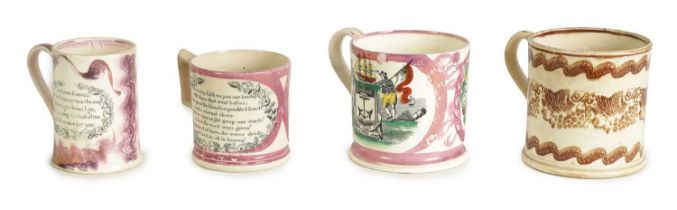 A 19TH-CENTURY SUNDERLAND CREAM WEAR AND PURPLE LUSTER MUG, A LUSTER WEAR WESLEYAN MUG