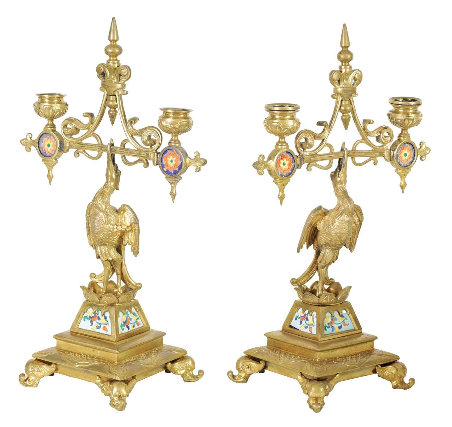 A PAIR OF LATE 19TH CENTURY BRASS AESTHETIC PERIOD DOUBLE BRANCH CANDELABRA