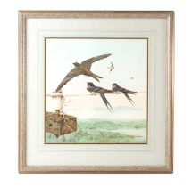 MICHAEL (MIKE) JACKSON. A 20TH CENTURY WATERCOLOUR SWALLOWS IN FLIGHT AND PERCHED ON A LINE