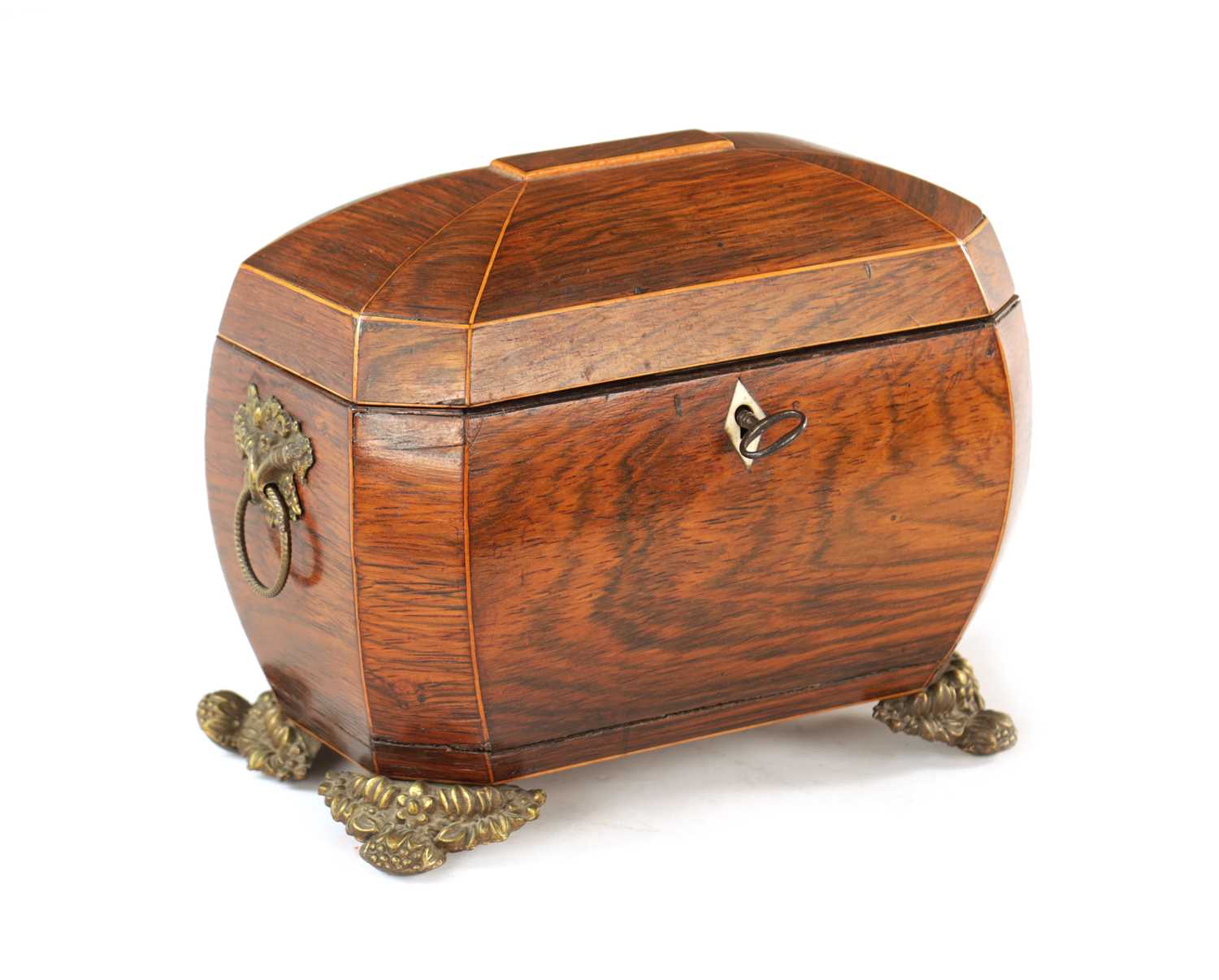 A REGENCY ROSEWOOD AND BOXWOOD INLAID BOMBE SHAPED TEA CADDY