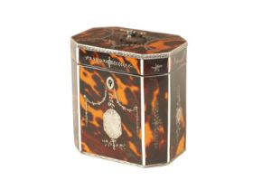 A FINE GEORGE III TORTOISHELL, IVORY AND SILVER MOUNTED FACETTED TEA CADDY