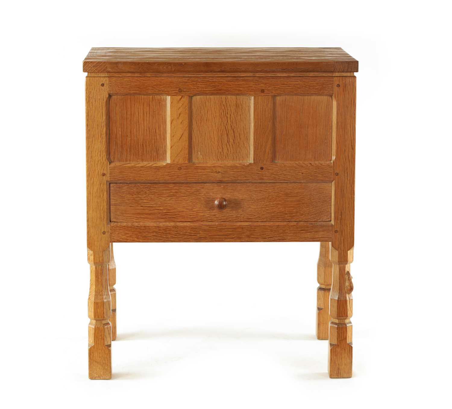 A ROBERT 'MOUSEMAN' THOMPSON JOINED ADZED LIGHT OAK SEWING BOX/SIDE CABINET