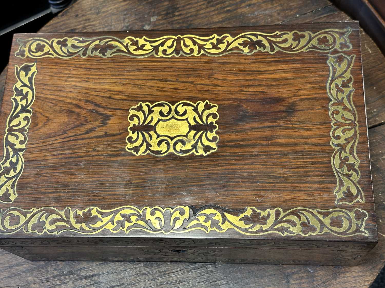 A BRASS INLAID REGENCY ROSEWOOD WRITING SLOPE - Image 2 of 7