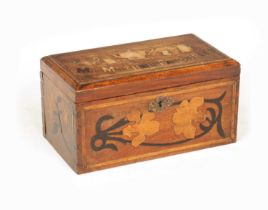 A 19TH CENTURY MARQUETRY INLAID OAK TEA CADDY