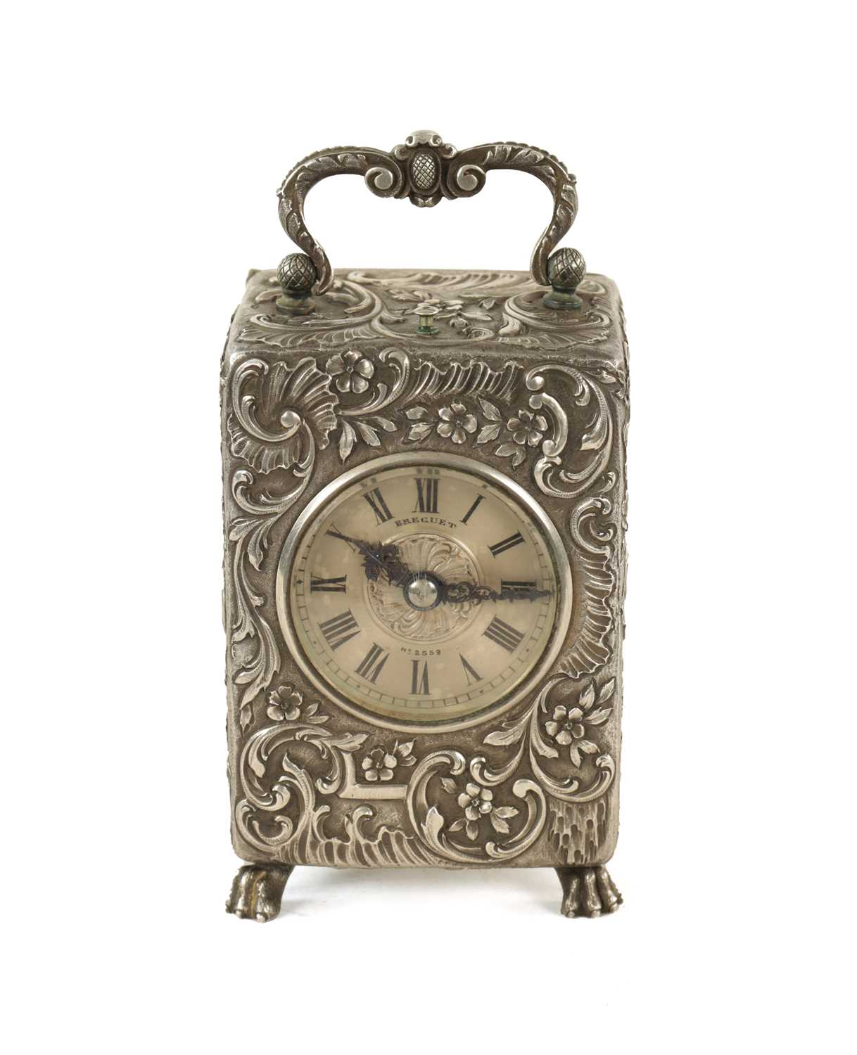 BREGUET, PARIS NO. 2559. A LATE 19TH CENTURY FRENCH SOLID SILVER REPEATING CARRIAGE CLOCK IN ORIGIN