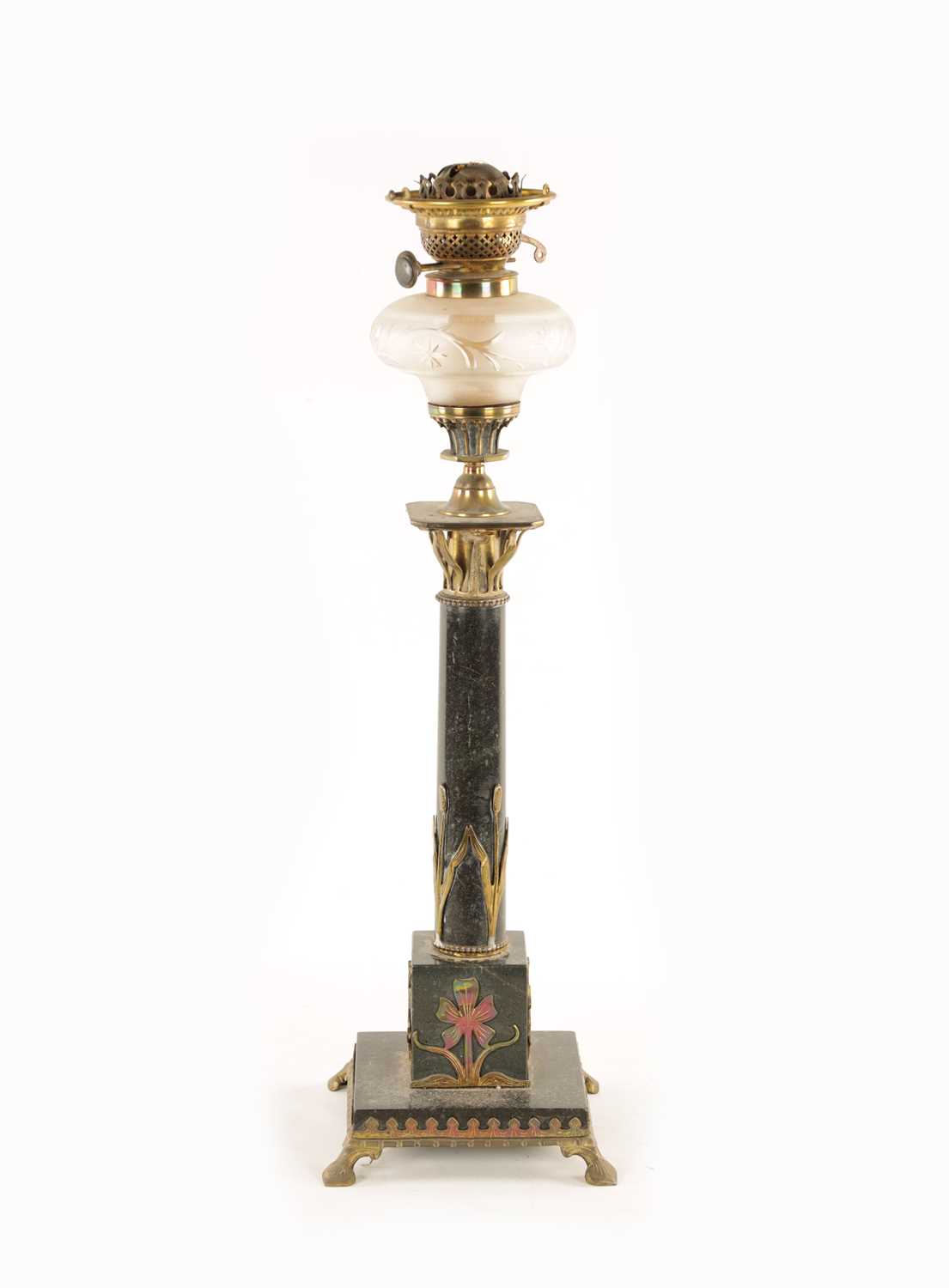 A LATE 19TH CENTURY FRENCH ORMOLU MOUNTED VERDE GREEN MARBLE OIL LAMP