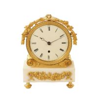 JAMES MURRAY, LONDON. A REGENCY ENGLISH FUSEE ORMOLU AND WHITE MARBLE MANTLE CLOCK