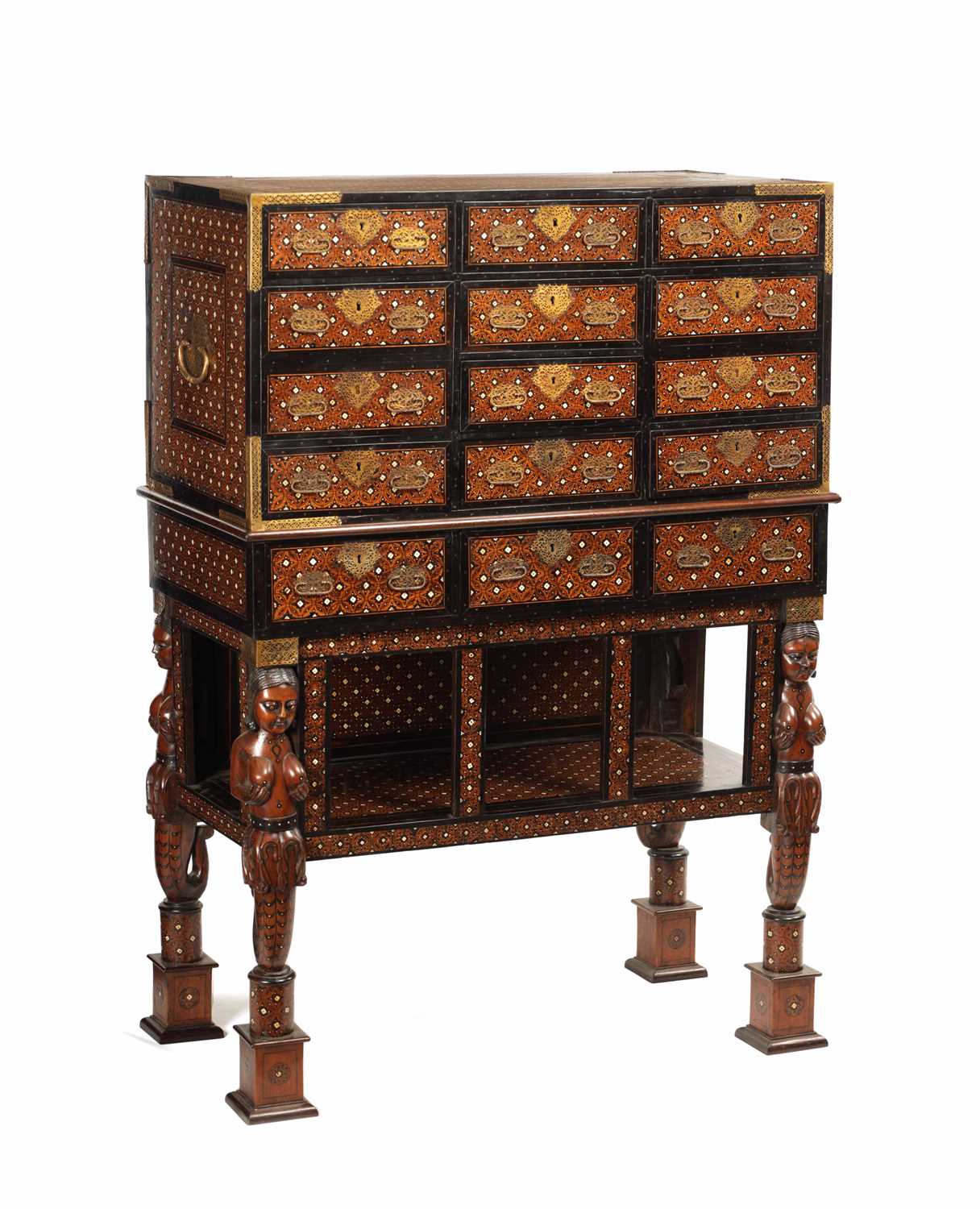 AN IMPORTANT LATE 17TH CENTURY INDO-PORTUGUESE IVORY INLAID PADOUCK AND EBONY COLLECTORS CABINET ON