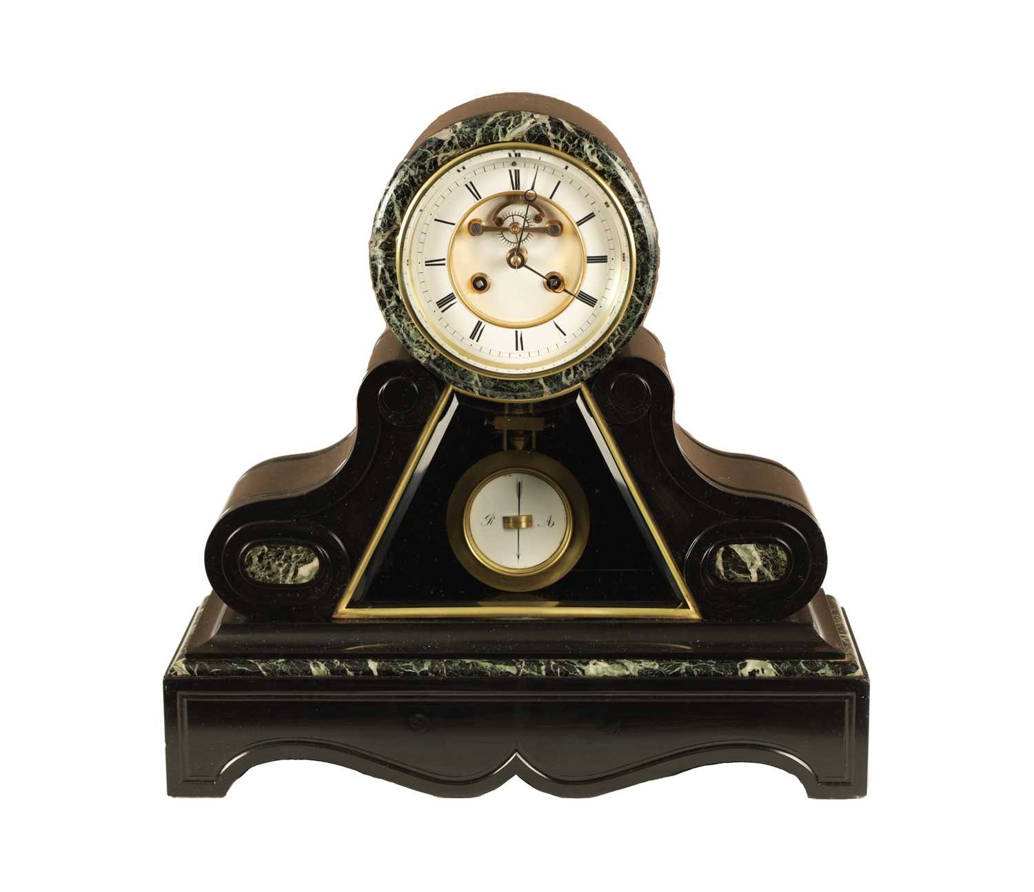 A LATE 19TH CENTURY BLACK SLATE AND ANTICO VERDE MARBLE MANTEL CLOCK