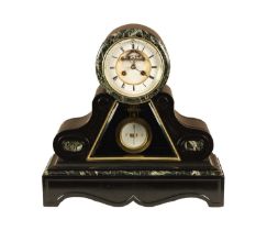 A LATE 19TH CENTURY BLACK SLATE AND ANTICO VERDE MARBLE MANTEL CLOCK