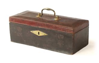 A GEORGE III RED LEATHER COVERED MILITARY DISPATCH BOX - MONOGRAMMED AND TITLED 'OFFICE FOR MILITARY