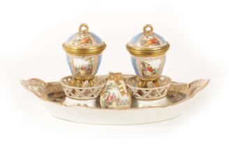 A 19TH CENTURY ORMOLU MOUNTED AUGUSTUS REX, DRESDEN PORCELAIN DOUBLE INK STAND