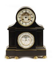 A 19TH CENTURY FRENCH BLACK SLATE PANELLED MANTEL CLOCK WITH PERPETUAL CALENDAR WORK