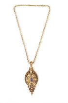 AN 18CT GOLD LAPIS LAZULI AND PEARL SET PENDANT ON 9CT GOLD CHAIN