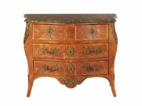 AN 18TH CENTURY FRENCH KINGWOOD AND MARQUETRY BOMBE SHAPED INLAID COMMODE