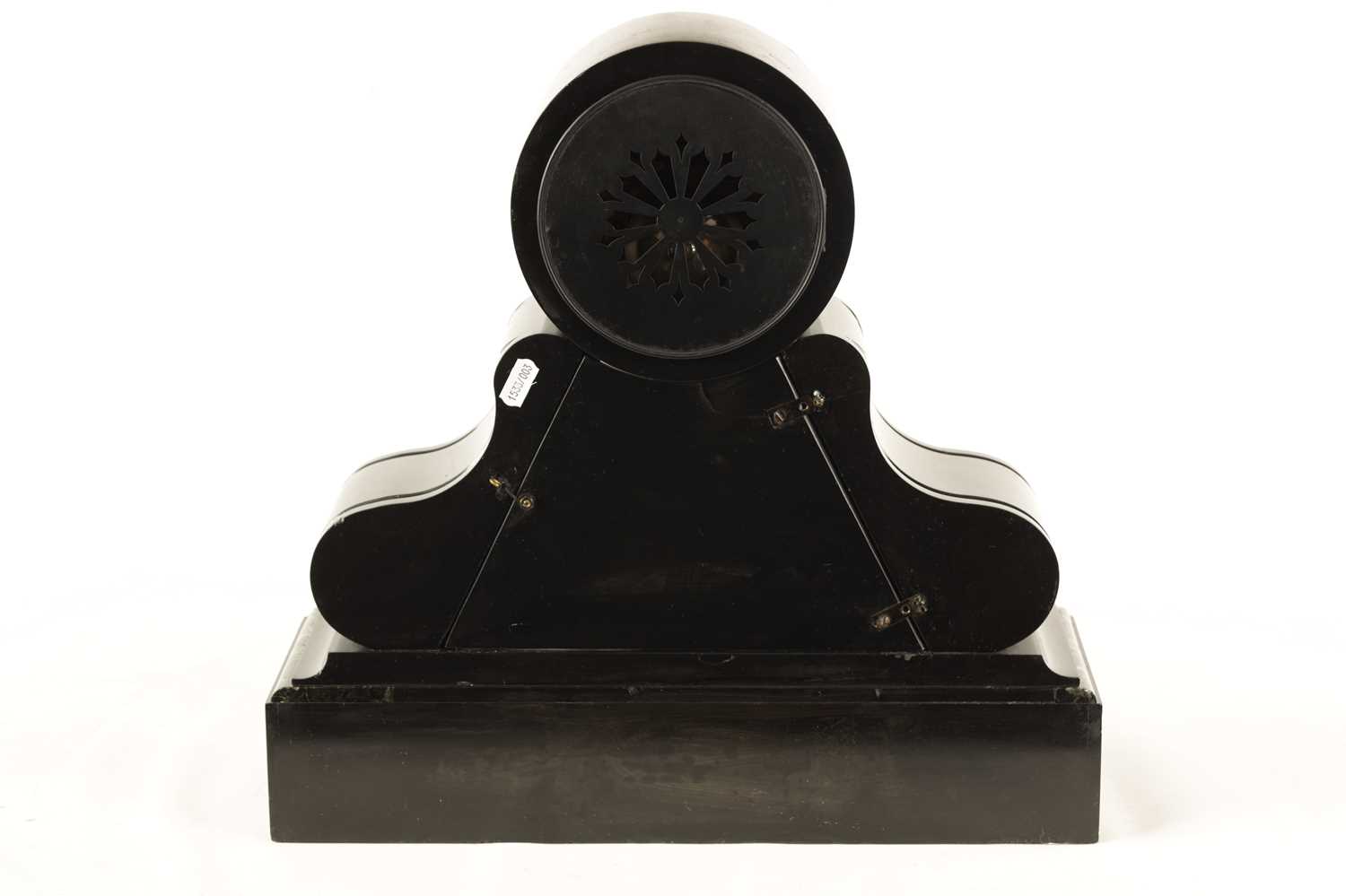 A LATE 19TH CENTURY BLACK SLATE AND ANTICO VERDE MARBLE MANTEL CLOCK - Image 9 of 12